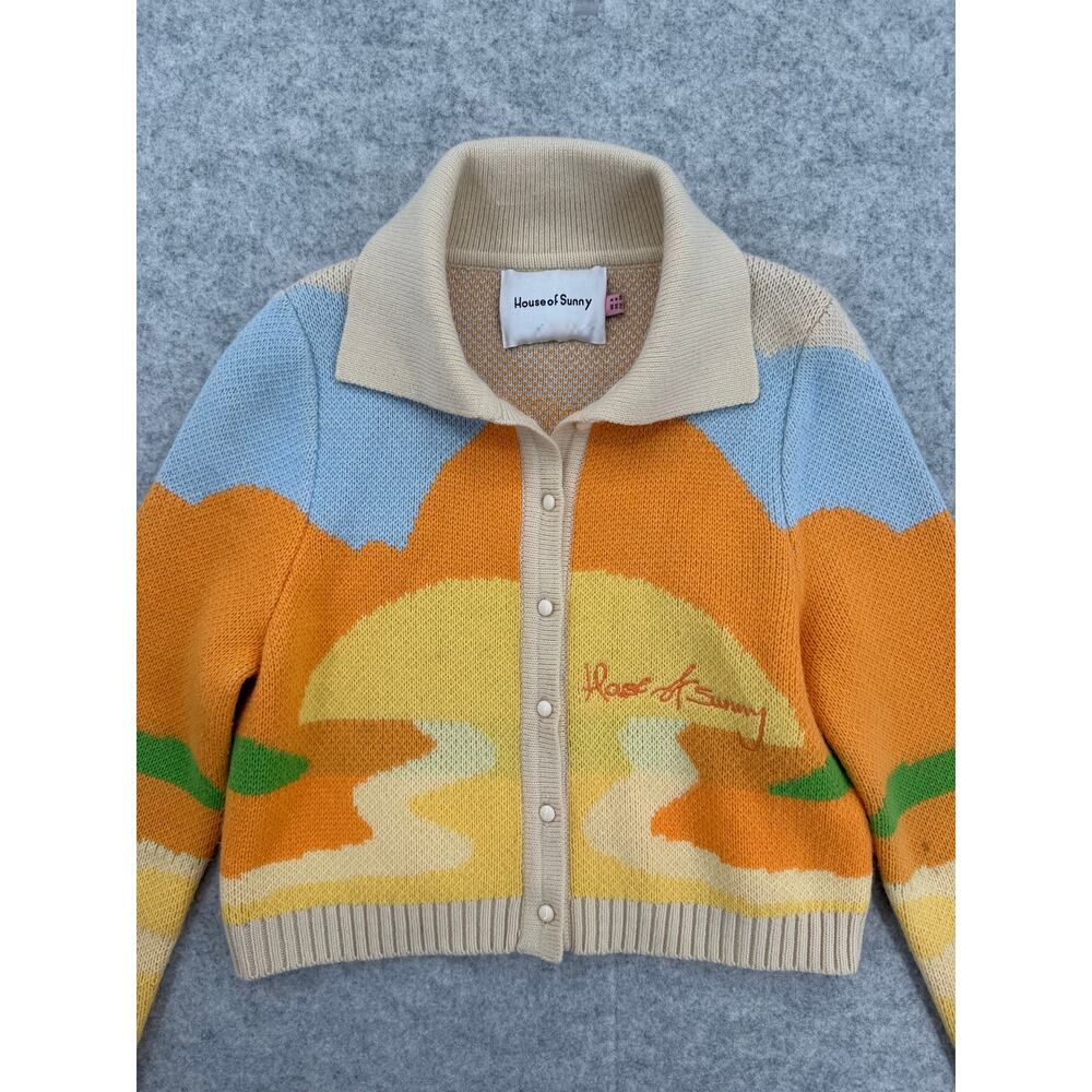 House of Sunny Day Tripper Jacquard Orange/Yellow Cardigan Size US 4 - Picture 3 of 14